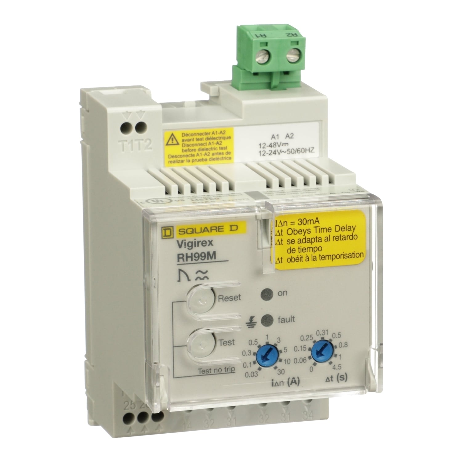 56370TD Vigirex RH99M Manual Reset Ground Fault Relay, 12 to 24 V AC, 0 s Instantaneous, 60/150/250/310/500/800 ms, 1/4.5 s, 9-User Selectable Thresholds: 30/100/300/500 mA, 1/3/5/10/30 A Sensitivity, DIN Rail Mount