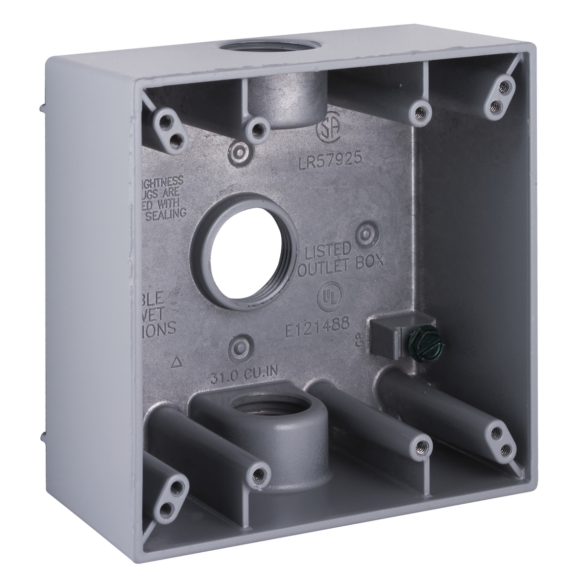 5341-0 Weatherproof Outlet Box With Lugs, Die Cast Aluminum, 32 cu-in, 2 Gangs, 3 Outlets, 4-1/2 in H x 4-1/2 in W x 2-1/8 in D