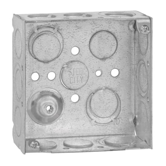 521511234EWGB Square Outlet Box, Welded, Galvanized Steel, 21 cubic inch capacity, Eccentric Knockouts, 4 inch x 4 inch x 1-1/2 inch