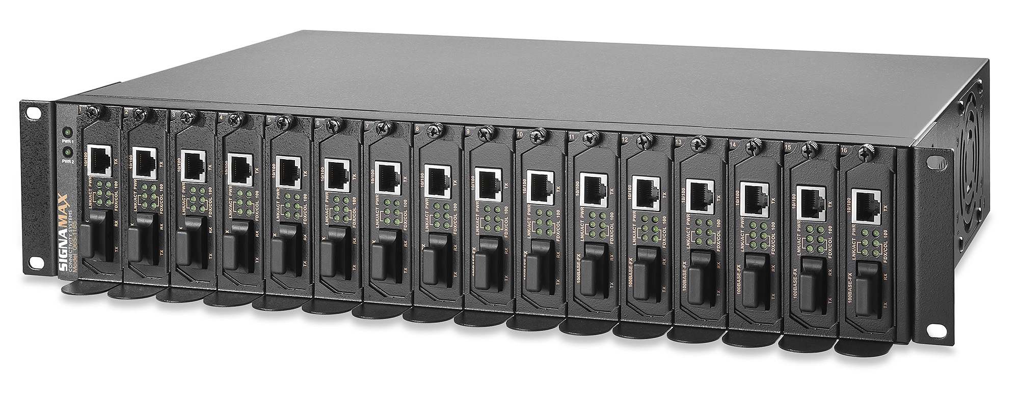 16-Bay Rack Mount Media Converter Chassis with Redundant Power Supplies