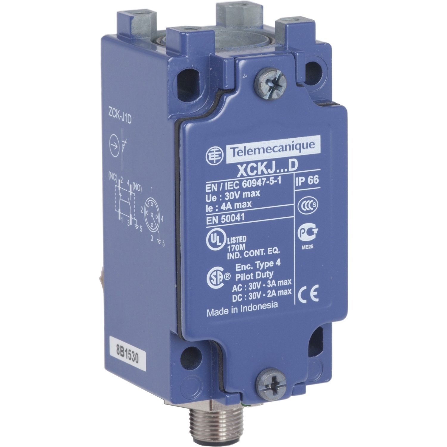 ZCKJ1D OsiSense 2-Pole Fixed Limit Switch Body With Positive Opening, 1NO-1NC Contact, For Use With XCKJ Standard Format Limit Switch, 3 A at 240 V AC, 0.27 A at 250 V DC Contact, IP66/IK07 Enclosure