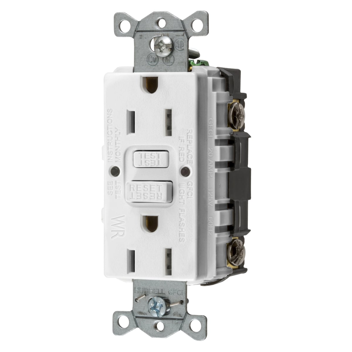 GFWRST15W 1-Phase Decorator Duplex Heavy Duty Standard Self-Test Weather-Resistant Screw Mount GFCI Receptacle, 125 VAC, 15 A, 2 Poles, 3 Wires, White