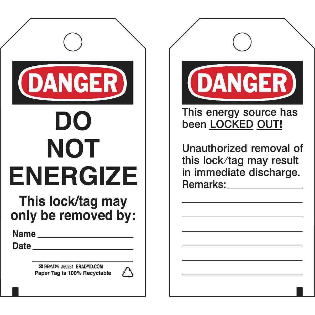 50261 2-Sided Rectangular Lockout Tag, 5-3/4 in H 3 in W, 3/8 in Hole, B-853 Cardstock