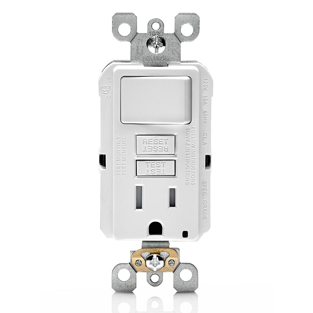 GFSW1-W SmartlockPro Slim GFCI Monochromatic Self-Test Single Slim Combination Switch and Receptacle With LED Indicator, 15 A, 125 V AC, 2 Poles, 3 Wires, 14 to 10 AWG Wire