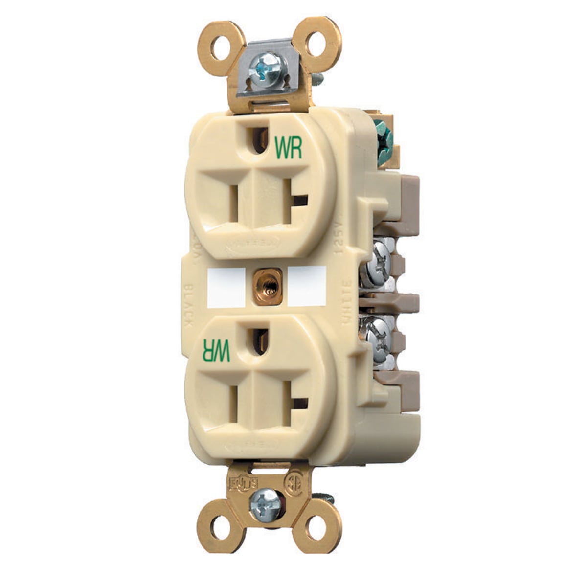 HBL5362IWR 1-Phase Grounding Extra Heavy Duty Screw Mount Weather Resistant Straight Blade Duplex Receptacle, 125 V AC, 20 A, 2 Poles, 3 Wires, Ivory