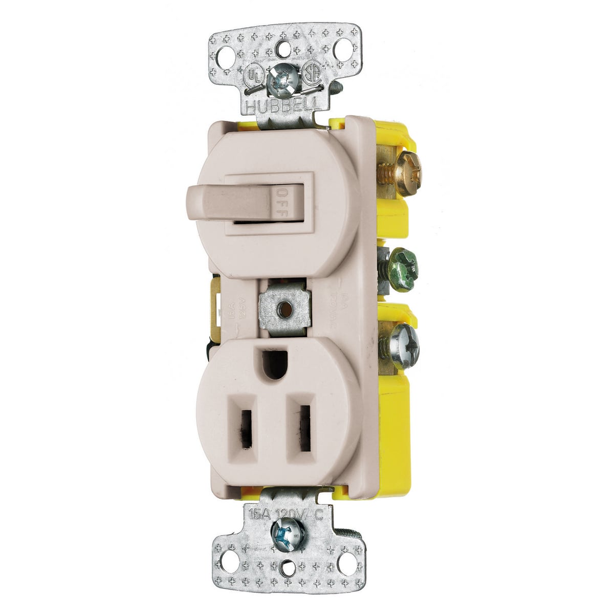 RC108LA Traditional 2-Position Standard Traditional Switch and Receptacle Combination Device, Electrical Ratings: 120/125 V AC, 15 A, 1800 W, 1 Poles, 3 Wires, Snap Switch Reset