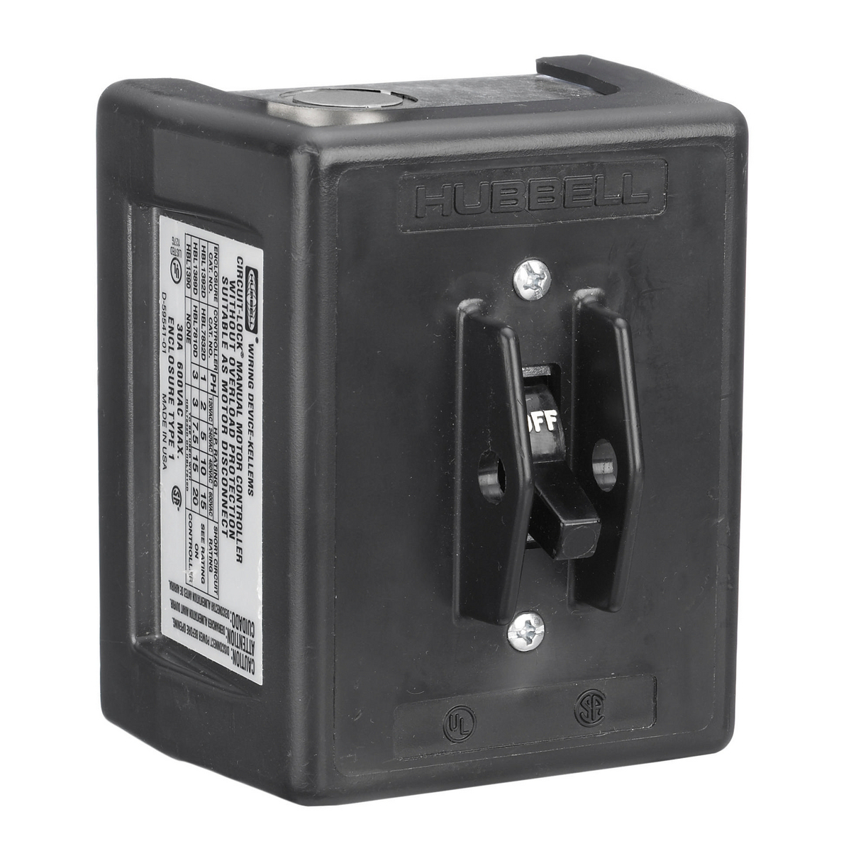 HBL1389D Standard Non-Metallic AC Motor Disconnect Switch With Switch, 600 V, 30 A, 20 hp, 3 Poles