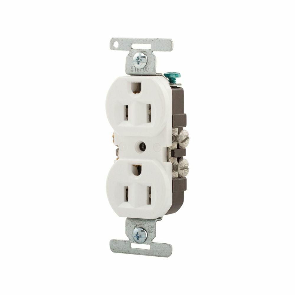 Eaton residential grade duplex receptacle, #10 AWG, 15A, Residential, Flush, 125V, Side wire, White, Brass, Thermoplastic, 5-15R, Duplex, Screw, Thermoplastic, Retail Box