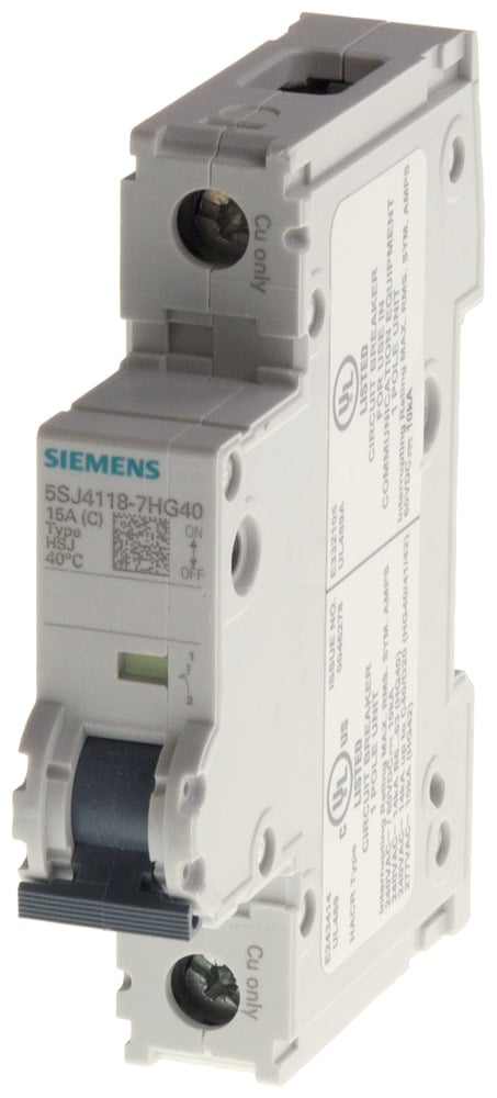 5SJ4101-7HG40 Sentron Type HSJ Miniature Circuit Breaker, 240 V AC, 0.3 A, 14 kA Interrupt, 1 Poles, Thermal Magnetic Trip