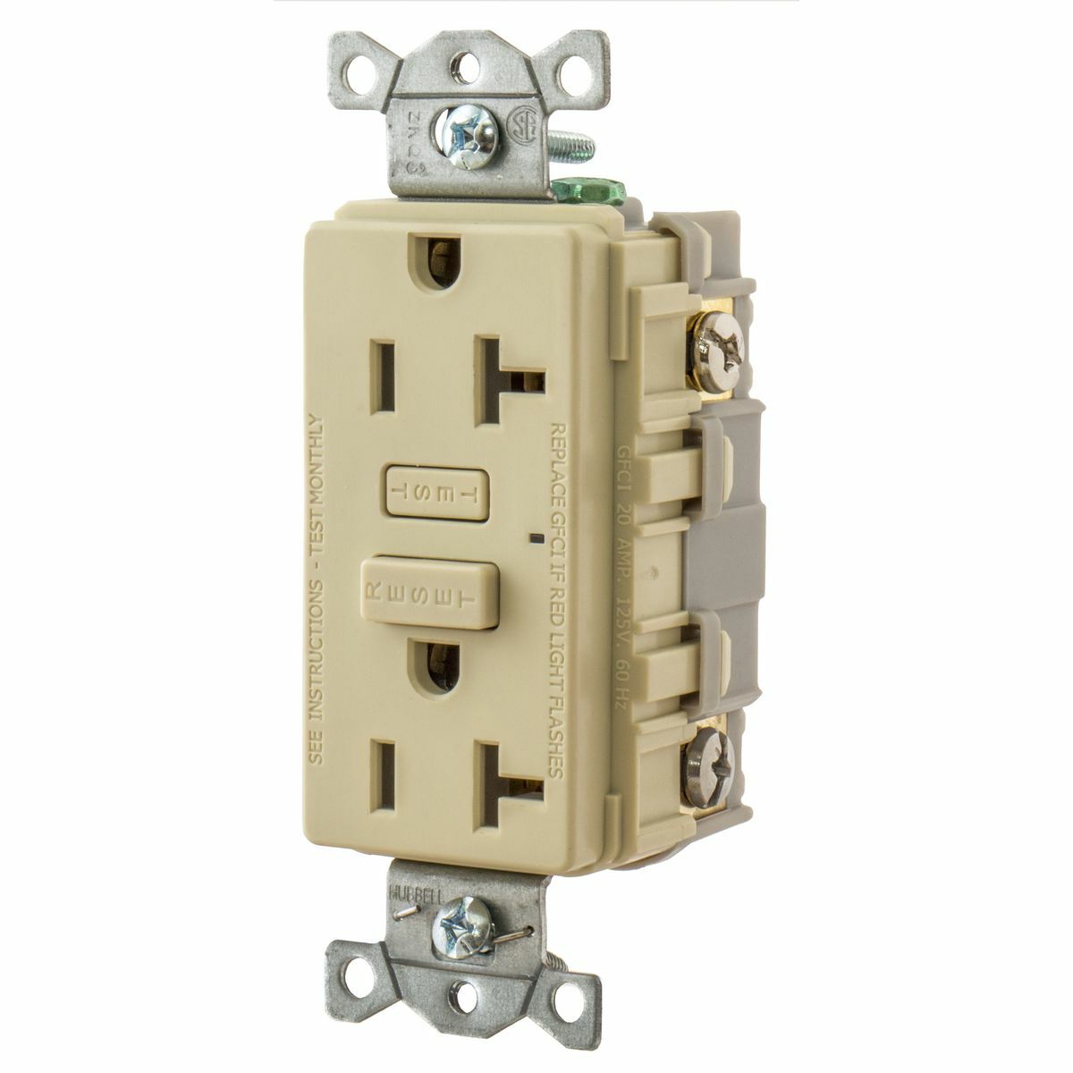 GF20I 1-Phase Duplex Grounding Standard Straight Blade Screw Mount GFCI Receptacle, 125 V AC, 20 A, 2 Poles, 3 Wires, Ivory