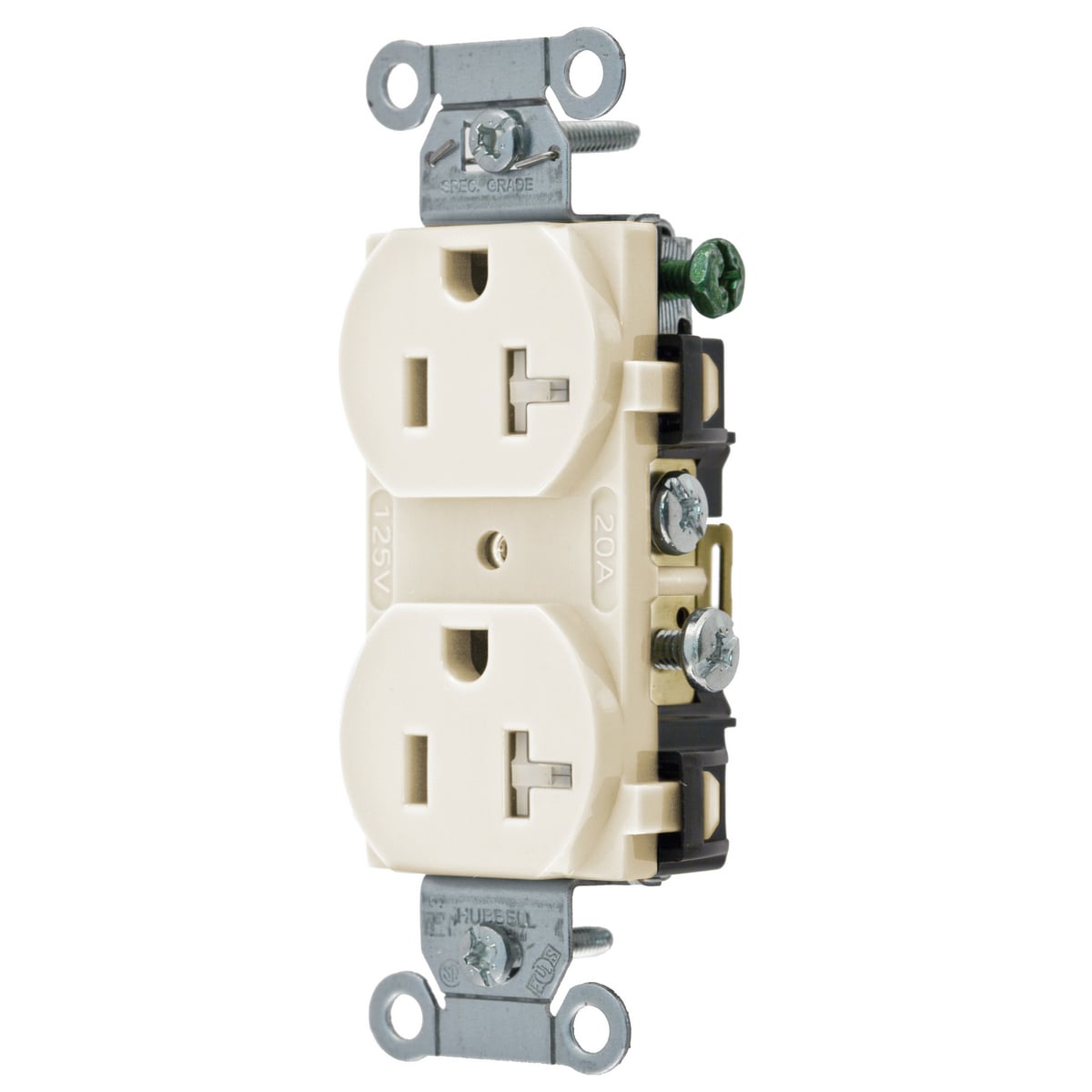 CR20LATR 1-Phase Duplex Self-Grounding Standard Tamper Resistant Traditional Screw Mount Straight Blade Receptacle, 125 V AC, 20 A, 2 Poles, 3 Wires, Light Almond