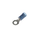 Nylon Insulated Ring Terminal, Length .89 Inches, Width .31 Inches, Maximum Insulation .162, Bolt Hole #8, Wire Range #18-#14 AWG, Color Blue, Copper, Tin Plated
