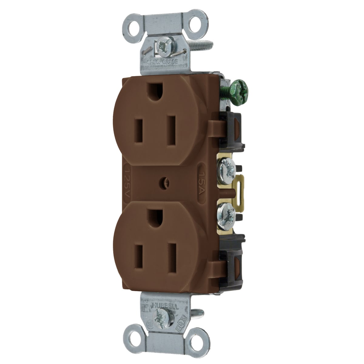 BR15 1-Phase Duplex Self-Grounding Standard Traditional Screw Mount Straight Blade Receptacle, 125 V AC, 15 A, 2 Poles, 3 Wires, Brown