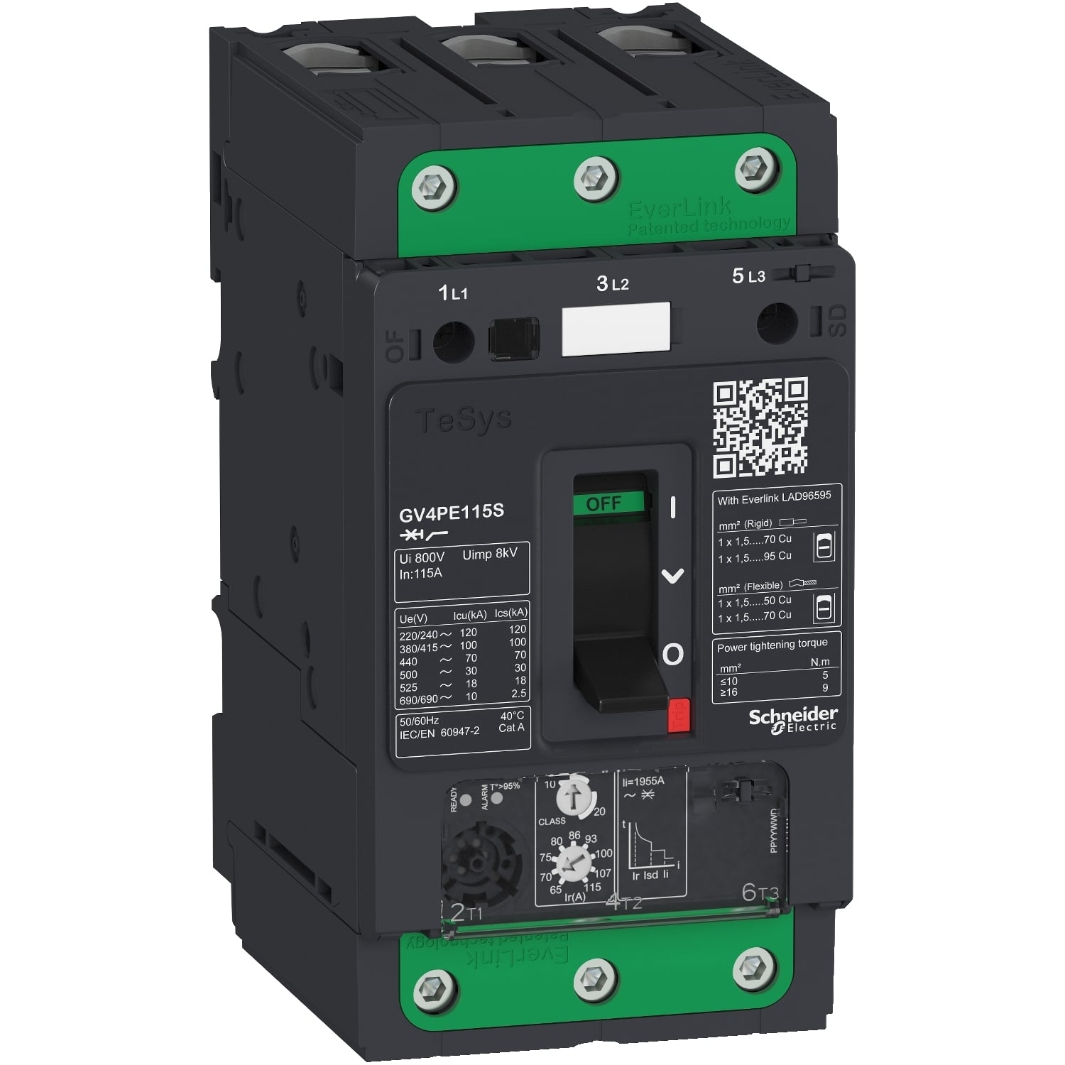 GV4PE115S TeSys Deca Circuit Breaker, 690 to 800 V AC, 115 A, 100 kA Interrupt, 3 Poles