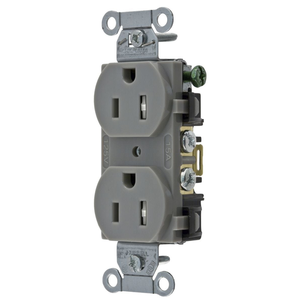 5252GTR 1-Phase Duplex Heavy Duty Self-Grounding Standard Tamper-Resistant Screw Mount Straight Blade Receptacle, 125 VAC, 15 A, 2 Poles, 3 Wires, Gray