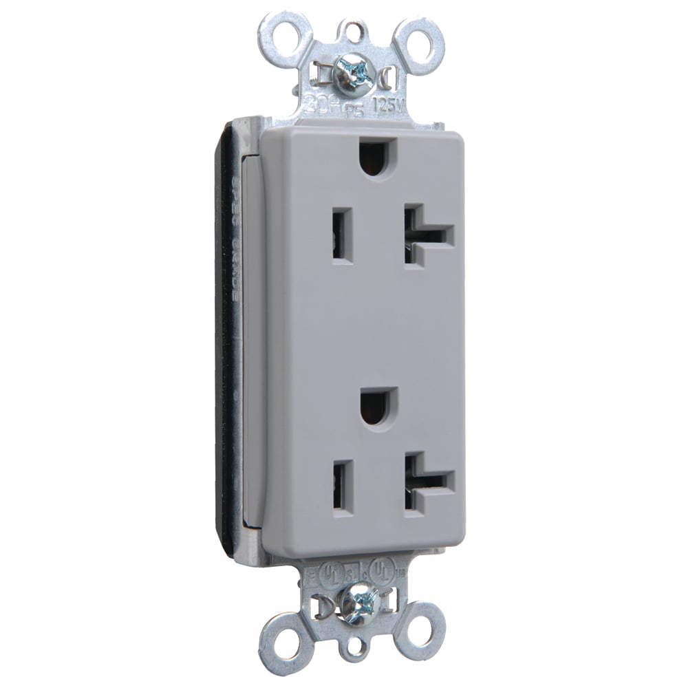 PT26352GRY PlugTail 20 Amp 125V Spec-Grade Decorator Duplex Receptacle, Gray