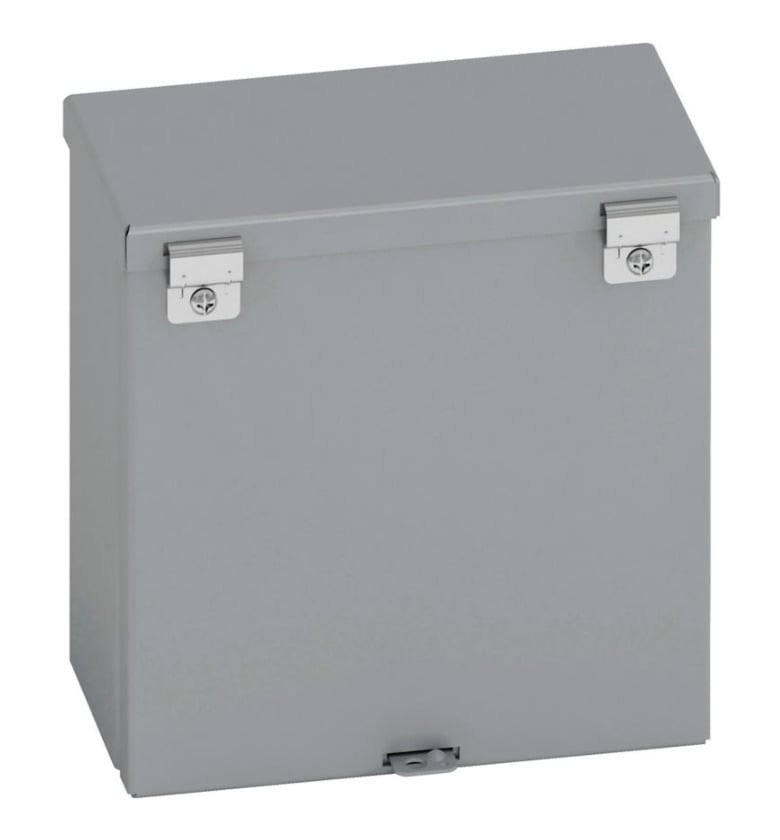 Type 3/3R junction boxes, 12" height, 6" length, 10" width, NEMA 3R, Hinged cover, RTHC NK enclosure, Surface mounted, Small single door, No knockout, Embossed thru holes, Carbon steel