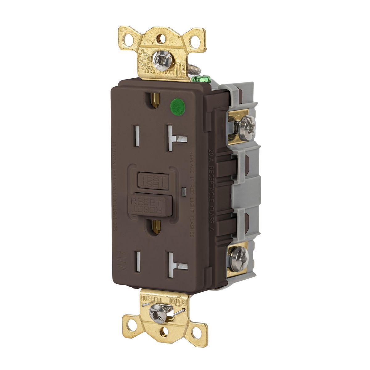 GFRTW83 Heavy Duty GFCI Receptacle, 125 V AC, 20 A, 2 Poles, 3 Wires, Brown
