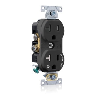 TBR20-S1E Duplex Self-Grounding Tamper Resistant Straight Blade Receptacle With 1 Plug Controlled Markings, 125 V AC, 20 A, 2 Poles, 3 Wires, Black
