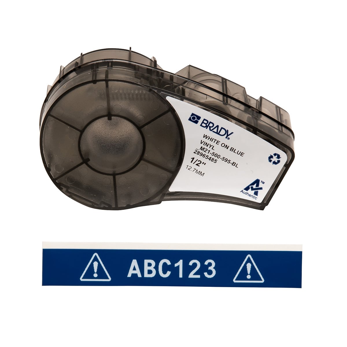 M21-500-595-BL BPM21 Label Marker Cartridge, 21 ft L x 1/2 in W, For Use With BMP 21 PLUS Portable Label Printers, IDPAL and LABPAL Handheld Label Maker, B-595 Vinyl, White on Blue