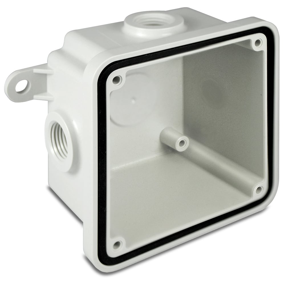 Weatherproof Box, Gray, Non-metallic - Accessory for model 450E horns.  Molded thermoplastic neoprene-gasketed weatherproof housing for outside use, complete with mounting lugs. Provided with (3) entrances for 1/2" conduit. 4-3/8" square box. 2-7/16" deep, offset mounting lugs on 5" centers.