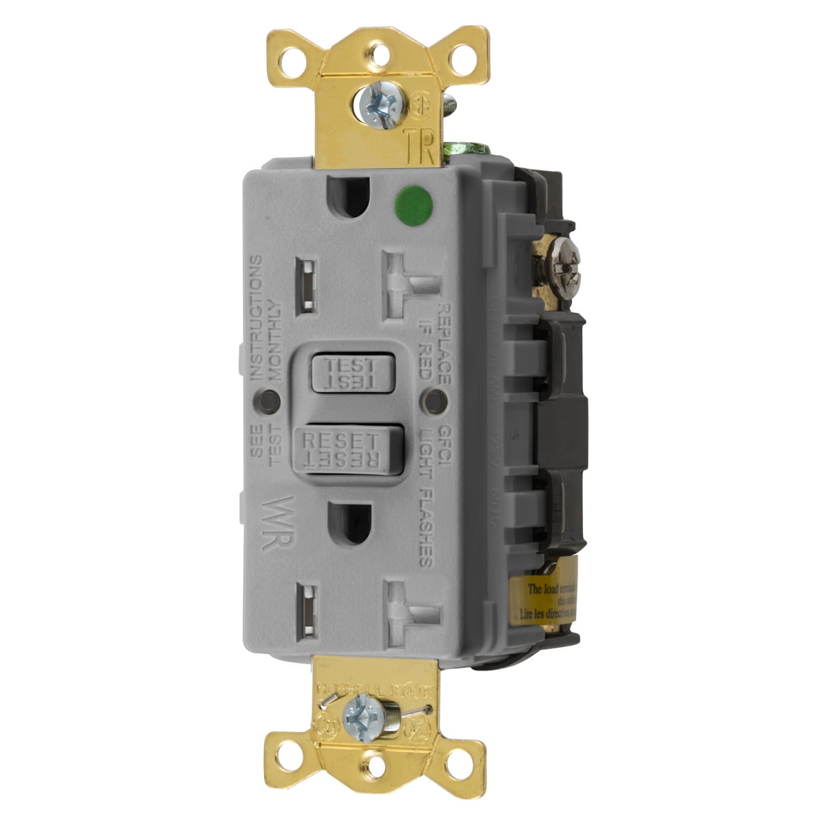 GFTWRST83GY 1-Phase Decorator Duplex Heavy Duty Standard Straight Blade Self-Test Tamper/Weather-Resistant Screw Mount GFCI Receptacle, 125 VAC, 20 A, 2 Poles, 3 Wires, Gray