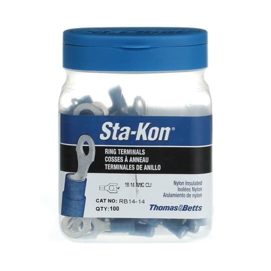 RB14-14 Sta-Kon RB Series Insulated Ring Terminal, 18 to 14 AWG Conductor, 1.08 in L, Insulation Grip Sleeve Barrel, Copper, Blue