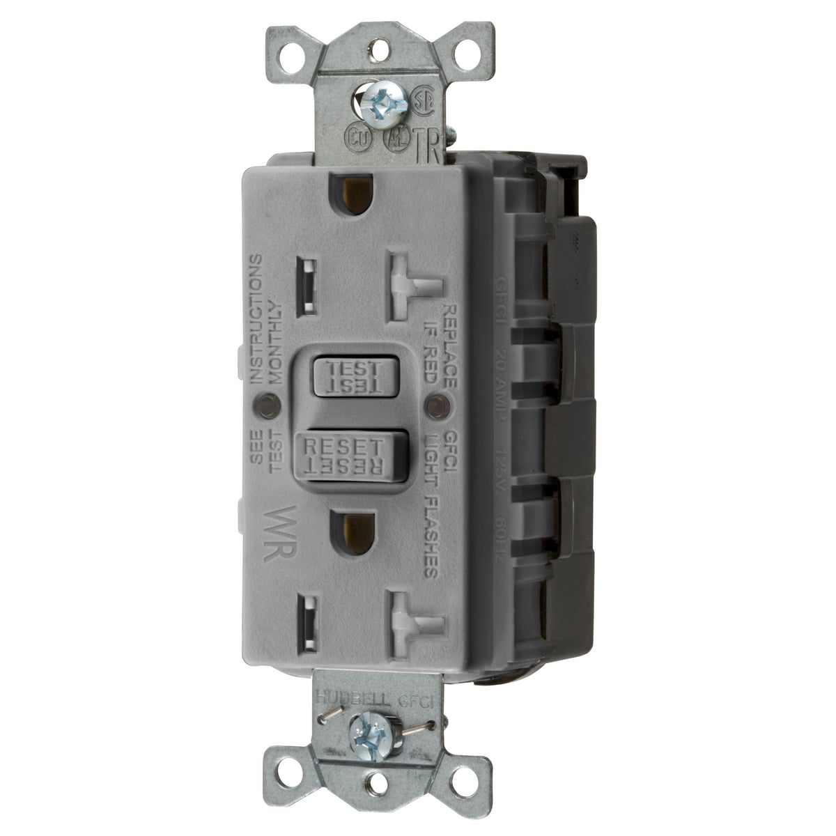 GFTWRST20SNAPGY 1-Phase Decorator Duplex Standard Self-Test Screw Mount Weather Resistant GFCI Receptacle, 125 VAC, 20 A, 2 Poles, 3 Wires, Gray