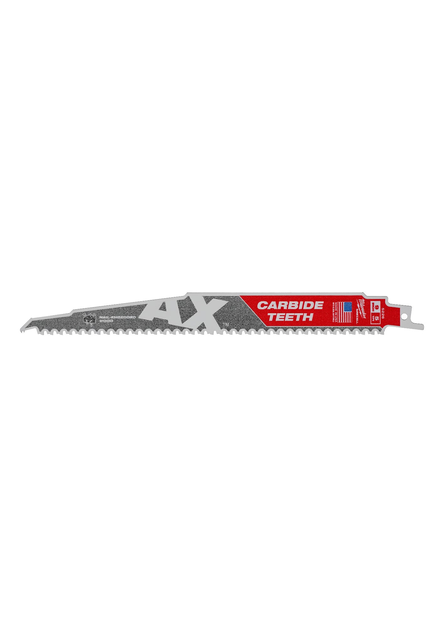 48-00-5226 Sawzall AX Tapered Back Reciprocating Saw Blade, 9 in L, 5 TPI, Carbide Body, Universal/Toothed Edge Tang