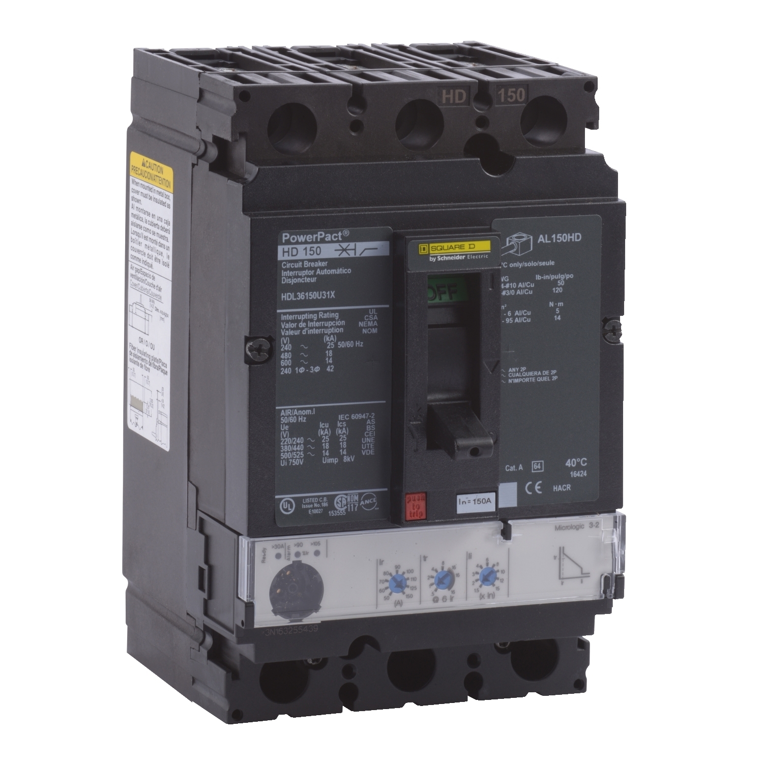 HDL36150U31X Molded Case Circuit Breaker, 150 Amp, 3 Pole, 600V