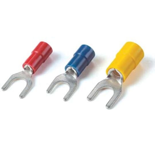 KN14-8F-M Spec-Kon Fork Terminal, 16 to 14 AWG Conductor, 0.866 in L, Funnel Entry/Internal Serration Barrel, Copper, Blue