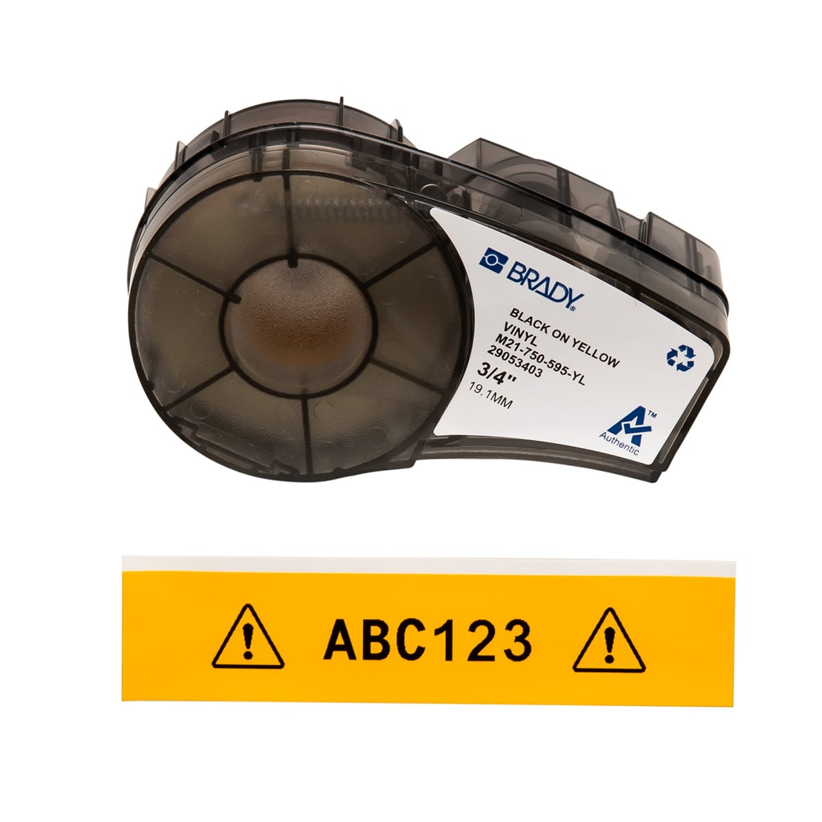 M21-750-595-YL BPM21 Label Marker Cartridge, 21 ft L x 3/4 in W, For Use With BMP 21 PLUS Portable Label Printers, IDPAL and LABPAL Handheld Label Maker, B-595 Vinyl, Black on Yellow