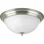 Three-light flush mount with dome shaped alabaster glass, solid trim and decorative knobs. Center lock-up with matching finial. Brushed Nickel finish.