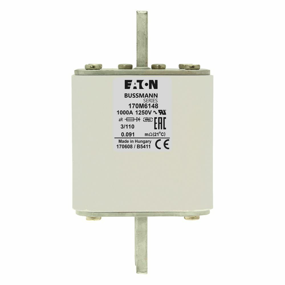 High Speed Fuses, DC common bus, DC drives, power converters/rectifiers, reduced voltage starters, AR, 100 kAIC RMS Symmetrical, Din 43 620 blade style, Square body, -/110 visual indicator, 1250 Vac (IEC), 1300 Vac (UL), 135W, IEC Rated, UL