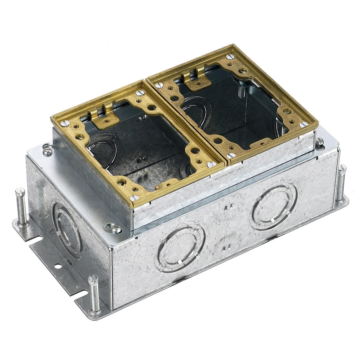B2432 Deep Fully Adjustable Floor Box, Stamped Steel, 52.8 cu-in/Gang Capacity, 2 Gangs, (7) Knockouts, 4.81 in L x 9.25 in W x 3.72 in H