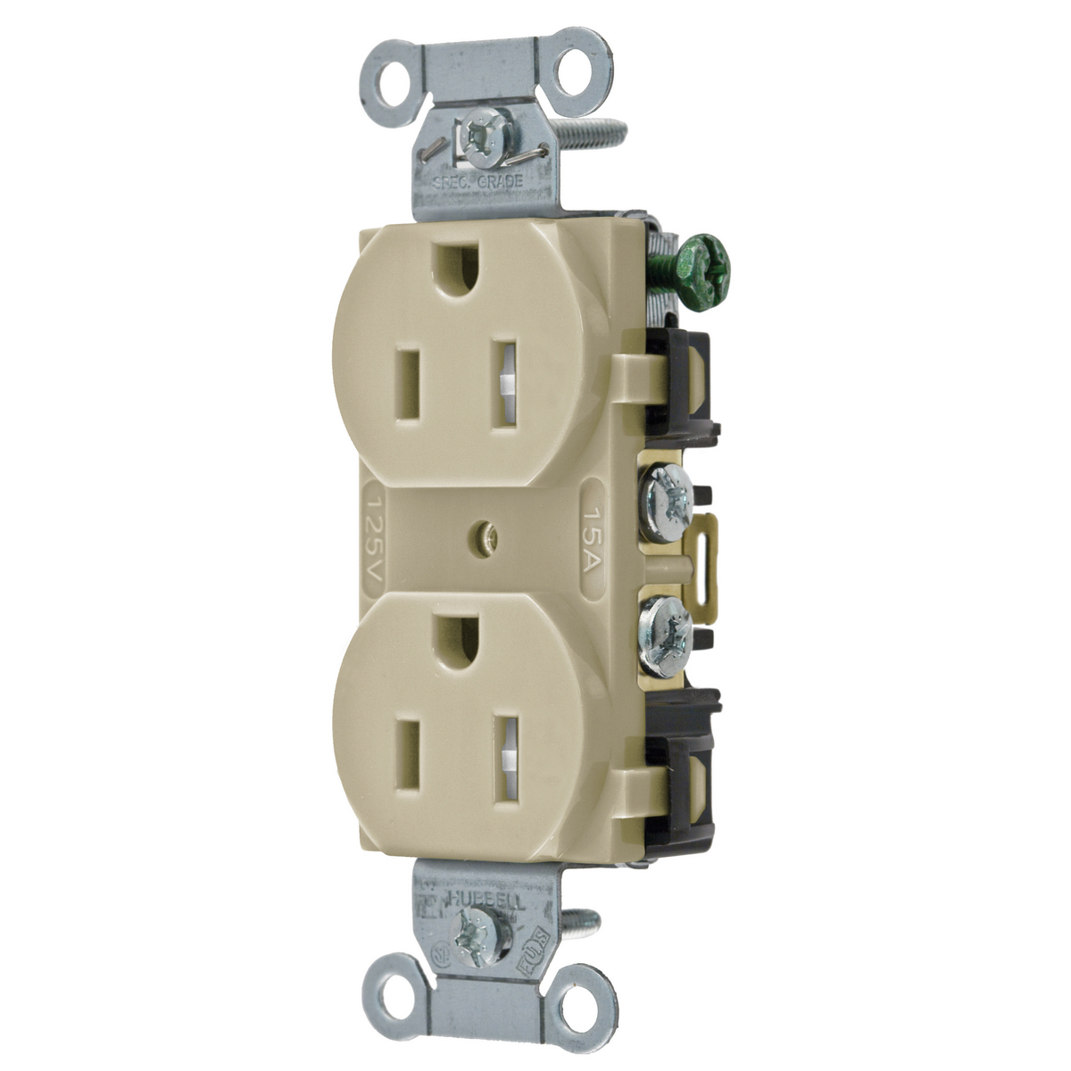 BR15ITR 1-Phase Duplex Standard Tamper-Resistant Traditional Screw Mount Straight Blade Receptacle, 125 V AC, 15 A, 2 Poles, 3 Wires, Ivory