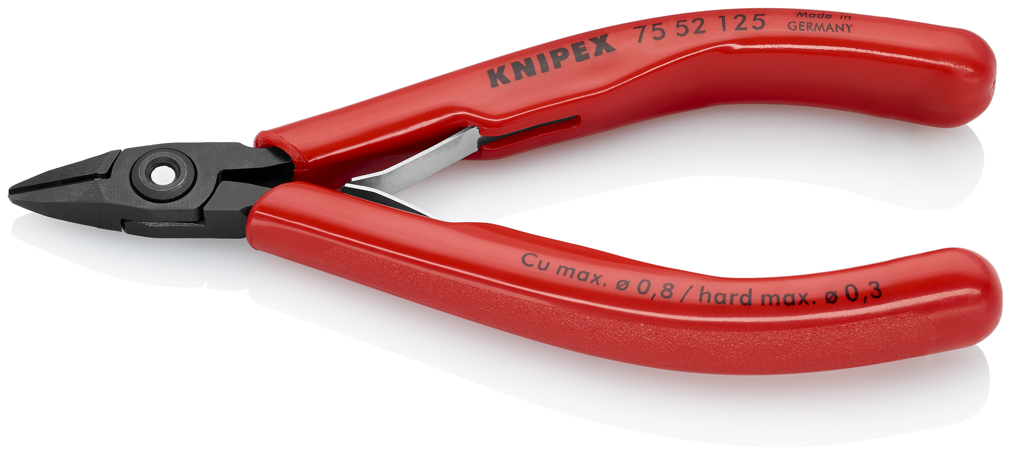 Electronics Diagonal Cutters, 5 in., Plastic, Black-oxide, Semi-flush with Bevel Cut, Tapered Head, Up to 1/64 in. Hard Wire