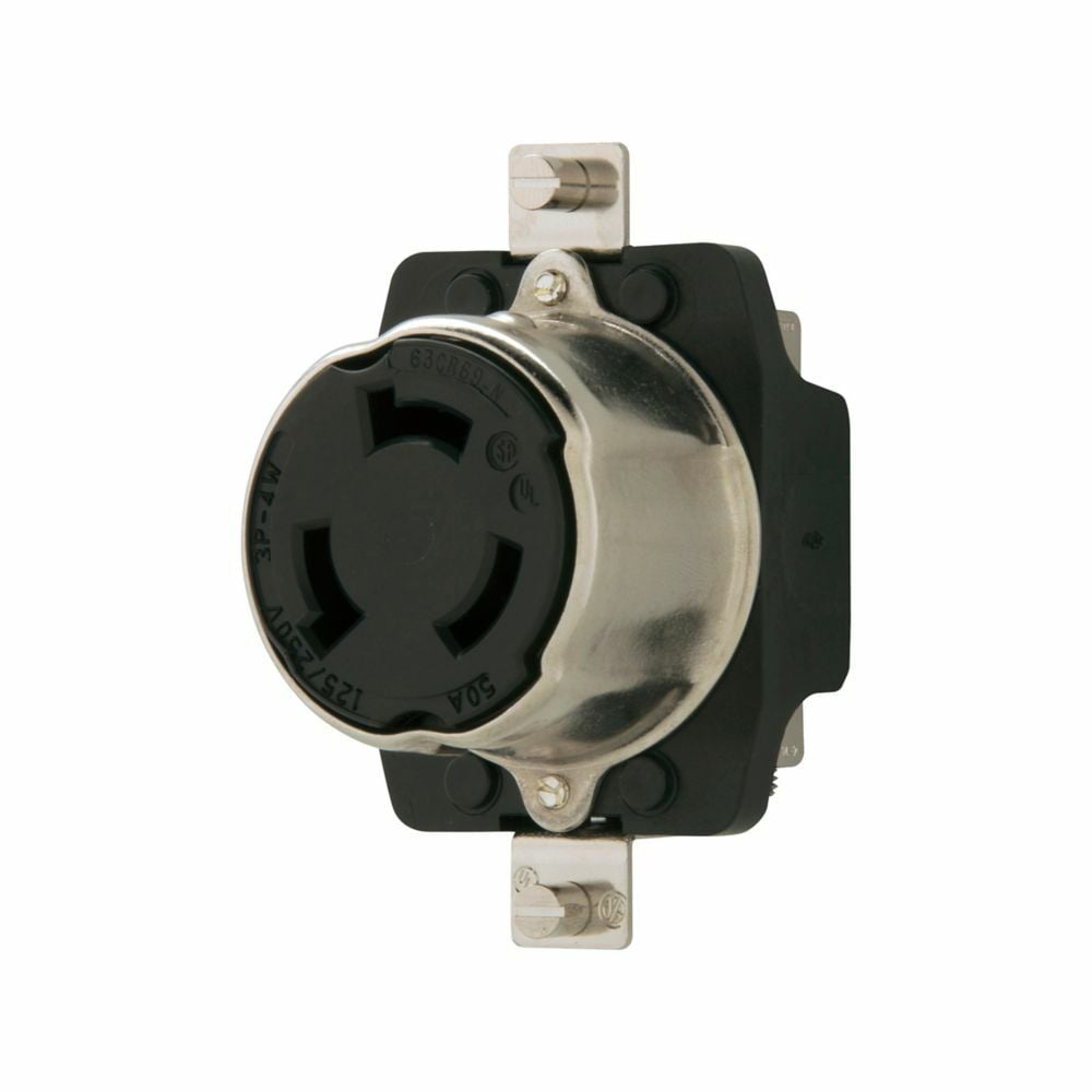 Eaton corrosion resistant locking receptacle, #12-6 AWG, 50A, Marine, 125/250V, Back wiring, Black, Single, Impact and chemical resistant, Non-NEMA, Three-pole, Four-wire, grounding, Steel