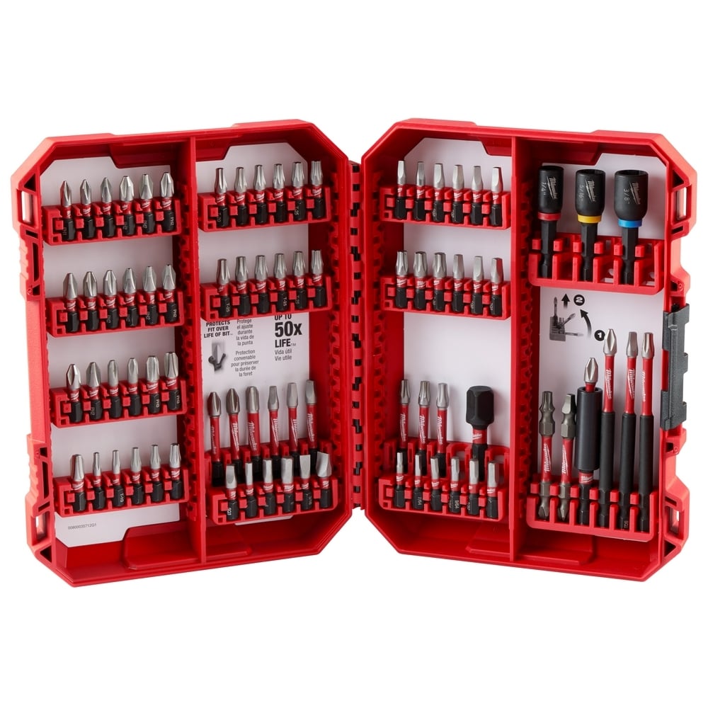 48-32-4094 SHOCKWAVE 80-Piece Bit Set, P1, P2,PR1, P3, SQ1, SQ4, SQ3, T15, T20, T25, T27, T30, SL#8, SL#10, 1/8 in, 9/64 in, 5/32 in, 3/16 in, SQ2, 3.5 in, 1-7/8 in, 1/4 in, 5/16, 3/8 in, 1/4 in Point Hex Point, 1/4 in, Alloy Steel