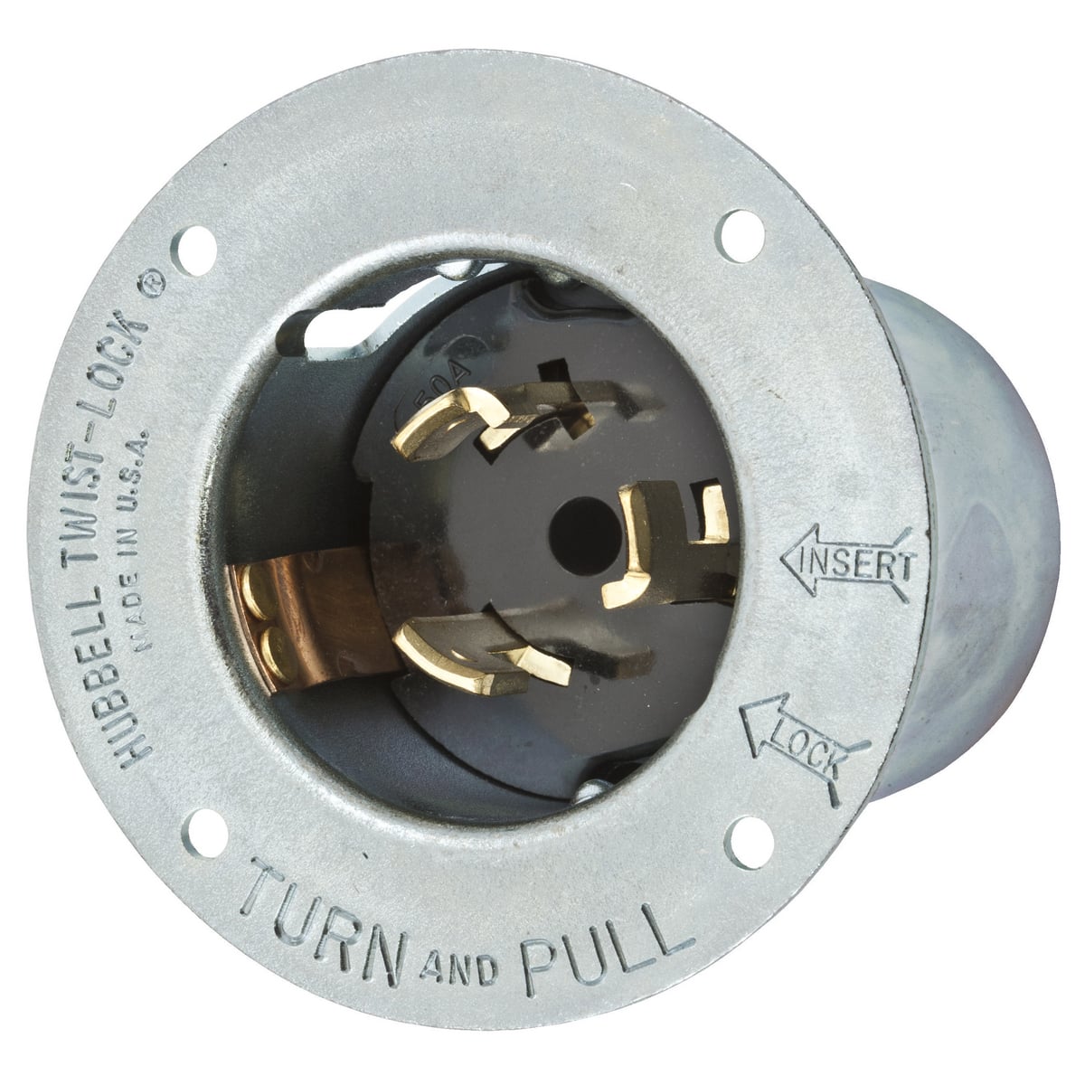 CS8375 3-Phase Extra Heavy Duty Grounding Male Single Standard Screw Mount Locking Flanged Inlet, 250 V AC, 50 A, 3 Poles, 4 Wires, Metallic