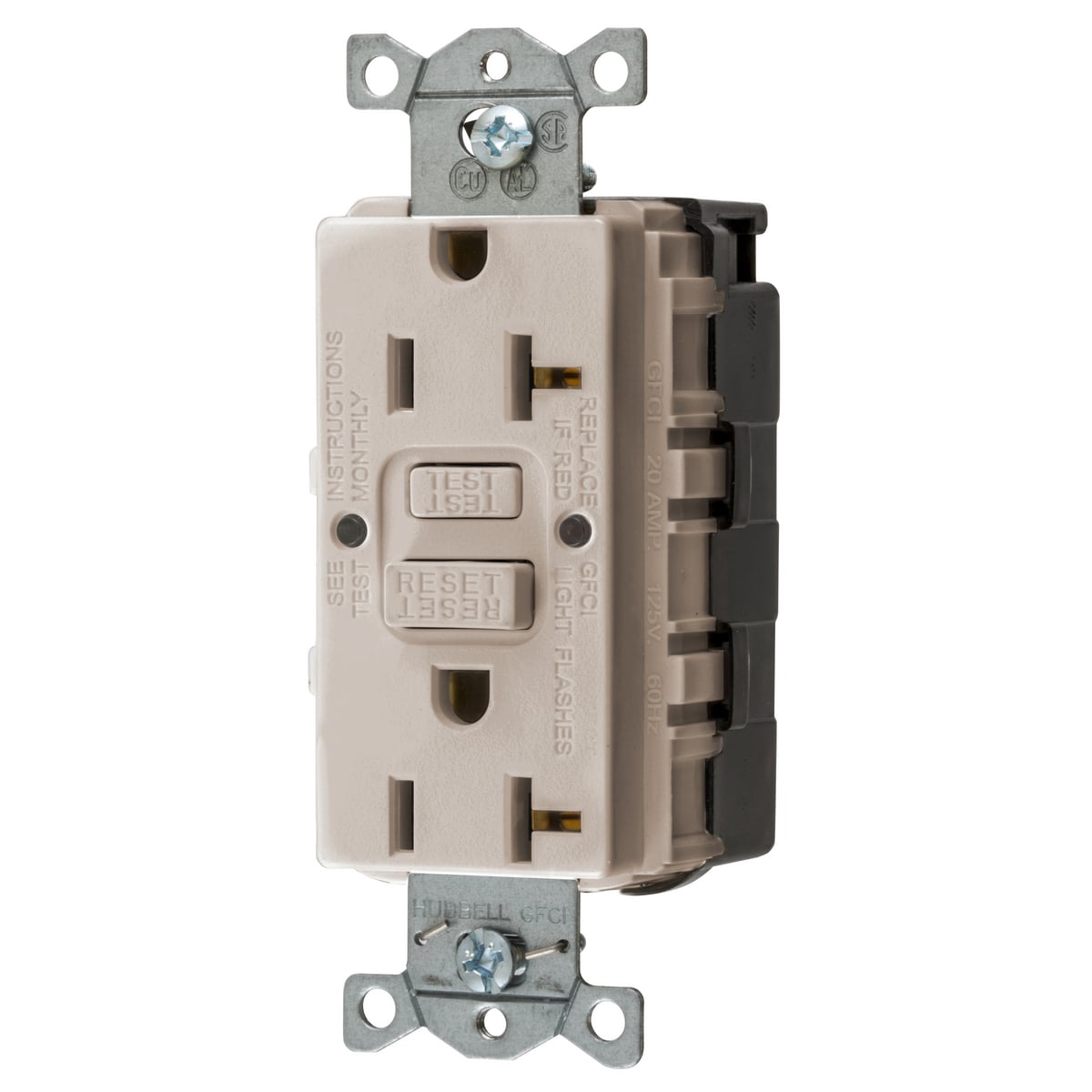 GFRST20SNAPLA 1-Phase Decorator Duplex Heavy Duty Self-Test Screw Mount GFCI Receptacle, 125 VAC, 20 A, 2 Poles, 3 Wires, Light Almond