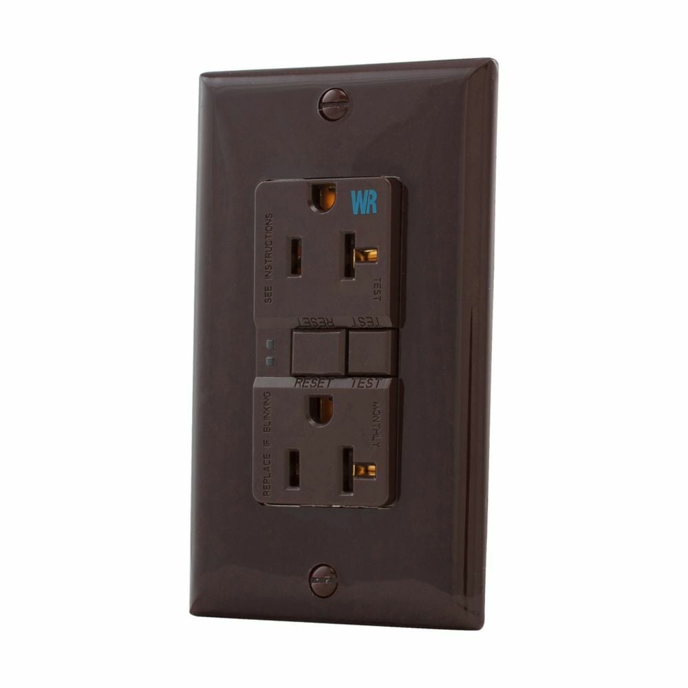 WRSGF20B WRSGF Self-Test Tamper-Resistant Weather-Resistant Duplex GFCI Receptacle, 125 VAC, 20 A, 2 Poles, 3 Wires, Brown