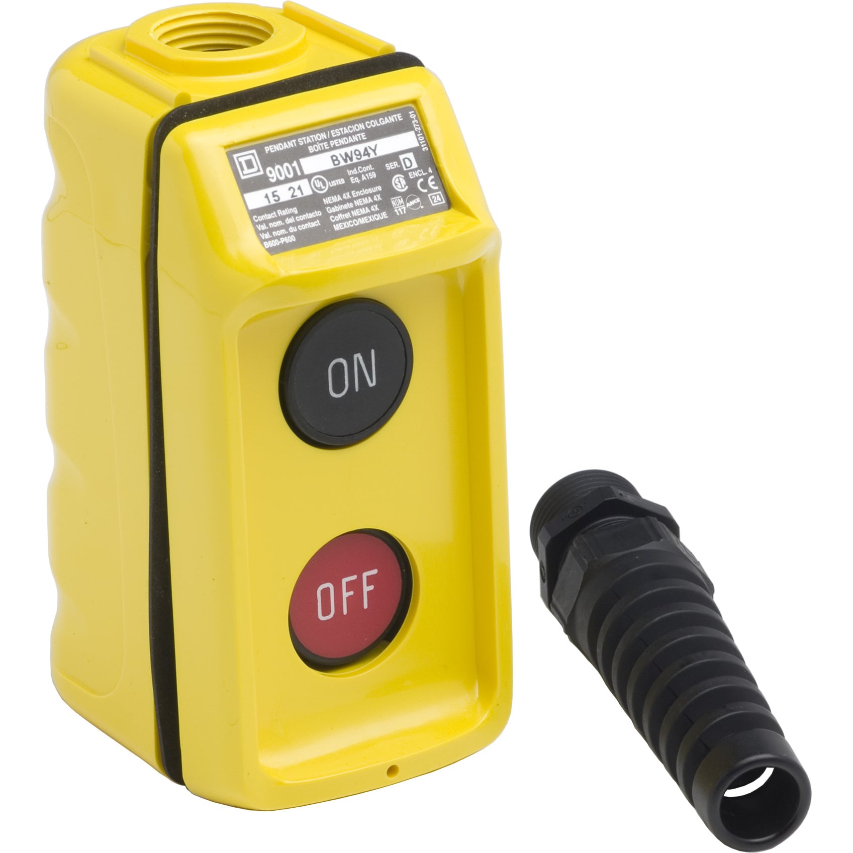 9001BW94Y Harmony Corrosion-Resistant Dusttight/Oiltight/Watertight Ergonomic Pendant Control Station, 600 VAC, 5 A, 1NO-1NC Contact, 2 Operators, NEMA 1/3/3R/4/4X/13 NEMA Rating