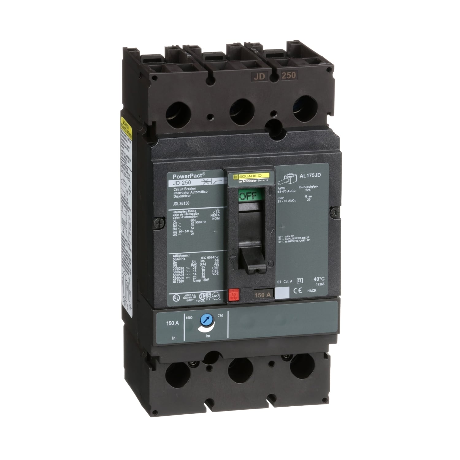 JDL36150 PowerPact Type JDL Molded Case Circuit Breaker, 600 V AC/250 V DC, 150 A, 25 kA at 240 VAC/18 kA at 480 VAC/14 kA at 600 VAC/20 kA at 250VDC Interrupt, 3 Poles, Thermal Magnetic Trip