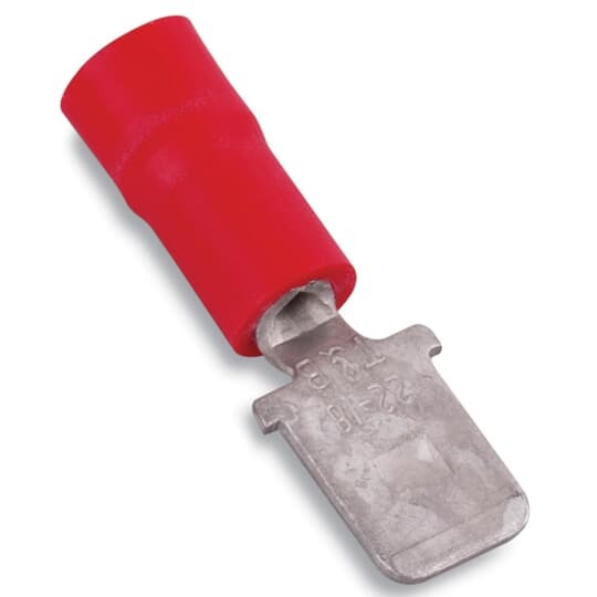 18RA-250T Sta-Kon 250 Insulated Male Tab, 22 to 18 AWG Conductor, 0.25 in W x 0.032 in THK Tab, Brazed Seam Barrel, Brass/Copper, Red