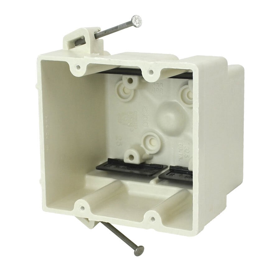 2-Gang Switch/Receptacle Outlet Box; Nails, Speed "K" nonmetallic clamps, New Work, 3 Inch Depth, Thermoset-Fiberglass Reinforced Polyester, 32.5 Cubic-Inch, Beige/Tan