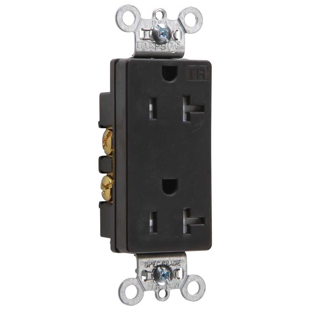 TR26362BK 20 Amp 125V  Decorator Duplex Receptacle, Back and Side Wire, Black