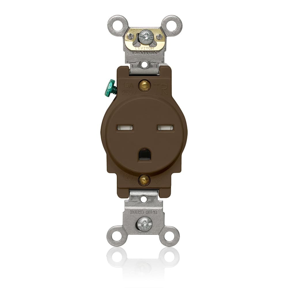 T5661 Heavy Duty Self-Grounding Single Smooth Face Standard Straight Blade Receptacle, 250 V AC, 15 A, 2 Poles, 3 Wires, Brown