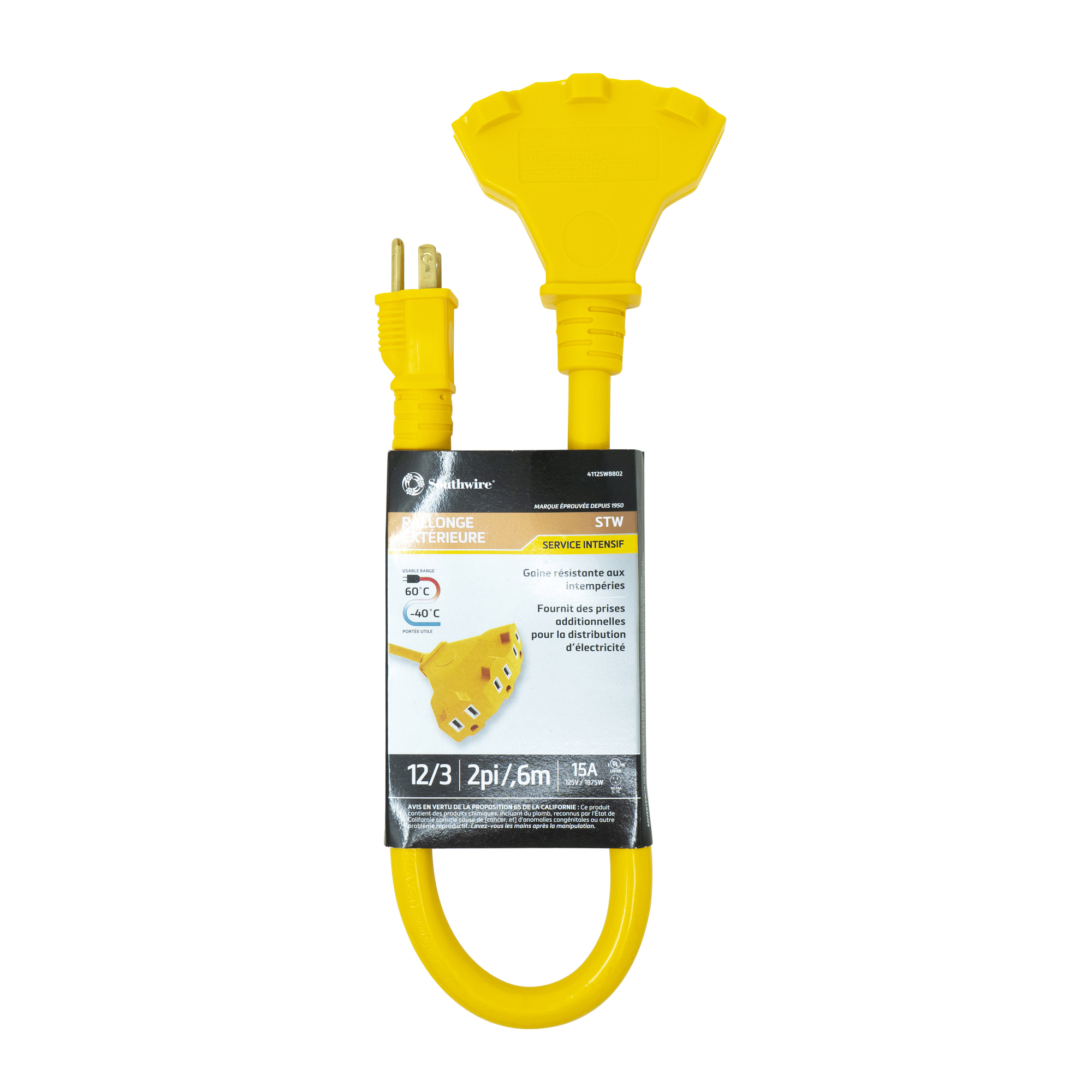 4112SW8802 Type STW Trisource Extension Cord Set, 15 A at 125 V AC, 2 ft L Cord, 3 Conductors