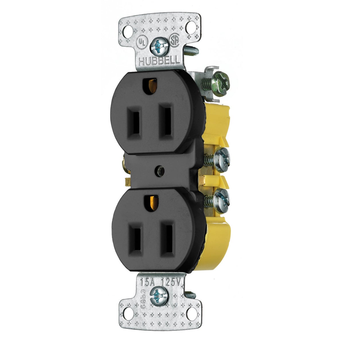 RR15BK Duplex Self-Grounding Standard Traditional Screw Mount Straight Blade Receptacle, 125 V AC, 15 A, 2 Poles, 3 Wires, Black